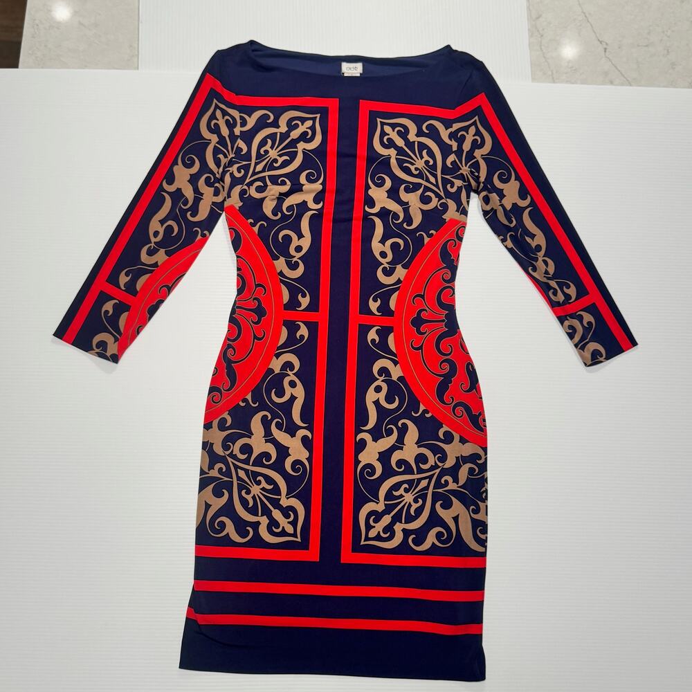 Cache Bodycon Sheath Dress Baroque Navy Red Women’s Medium Boat Neck Geometric - Picture 7 of 16